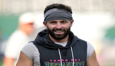 Tampa Bay Buccaneers quarterback Baker Mayfield walks on the field before an NFL football game against the New York Jets, Friday, Aug. 14, 2026, in East Rutherford, N.J. (AP Photo/Seth Wenig)