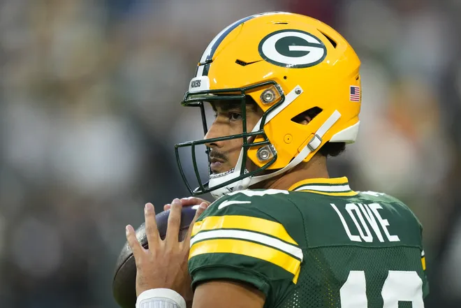 Sep 24, 2026; Green Bay, Wisconsin, USA; Green Bay Packers quarterback Jordan Love (10) warms up prior to the during the first half against the Atlanta Falcons at Lambeau Field. Mandatory Credit: Jeff Hanisch-Imagn Images
