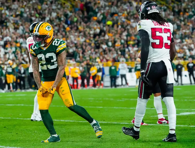 Green Bay Packers wide receiver Skyy Moore (23) reacts after picking up a first down against the Atlanta Falcons on Thursday, Sept. 24, 2026, at Lambeau Field in Green Bay, Wisconsin. The Falcons won the game, 35-14.
Tork Mason/Green Bay Press-Gazette