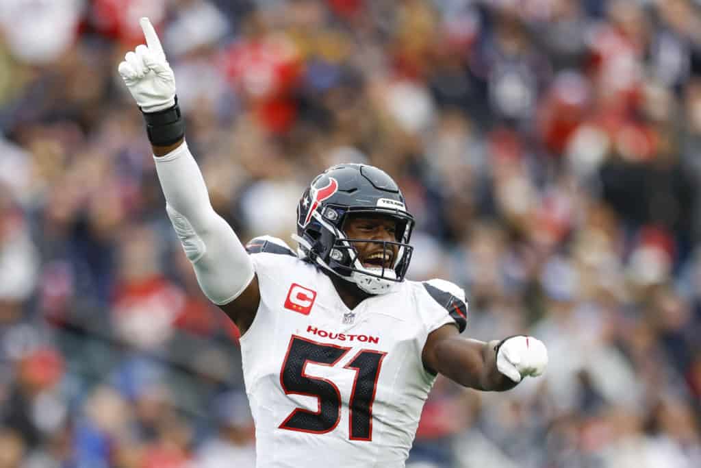 2026 NFL Awards: Picks & Dark Horses Houston Texans edge rusher Will Anderson Jr. celebrates during a game as a contender for the 2026 NFL Awards.