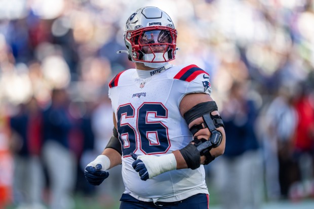 New England Patriots offensive lineman Will Campbell is pictured during warmups begore an NFL game against the Seattle Seahawks, Wednesday, Sept. 9, 2026, in Seattle. (AP Photo/Stephen Brashear)