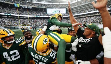 Green Bay Packers kicker Trey Smack (28) is lifted in celebration by his teammates after kicking the game-winning field goal during an NFL football game against the New York Jets in East Rutherford, N.J., Sunday, Sept. 20, 2026.