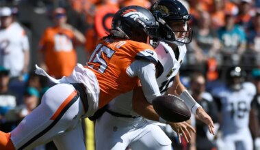 Denver Broncos linebacker Nik Bonitto (15) knocks the ball loose from the grasp of Jacksonville Jaguars quarterback Trevor Lawrence, right, in the first half of an NFL football game in Denver, Sunday, Sept. 20, 2026. (AP Photo/Eric Lutzens)