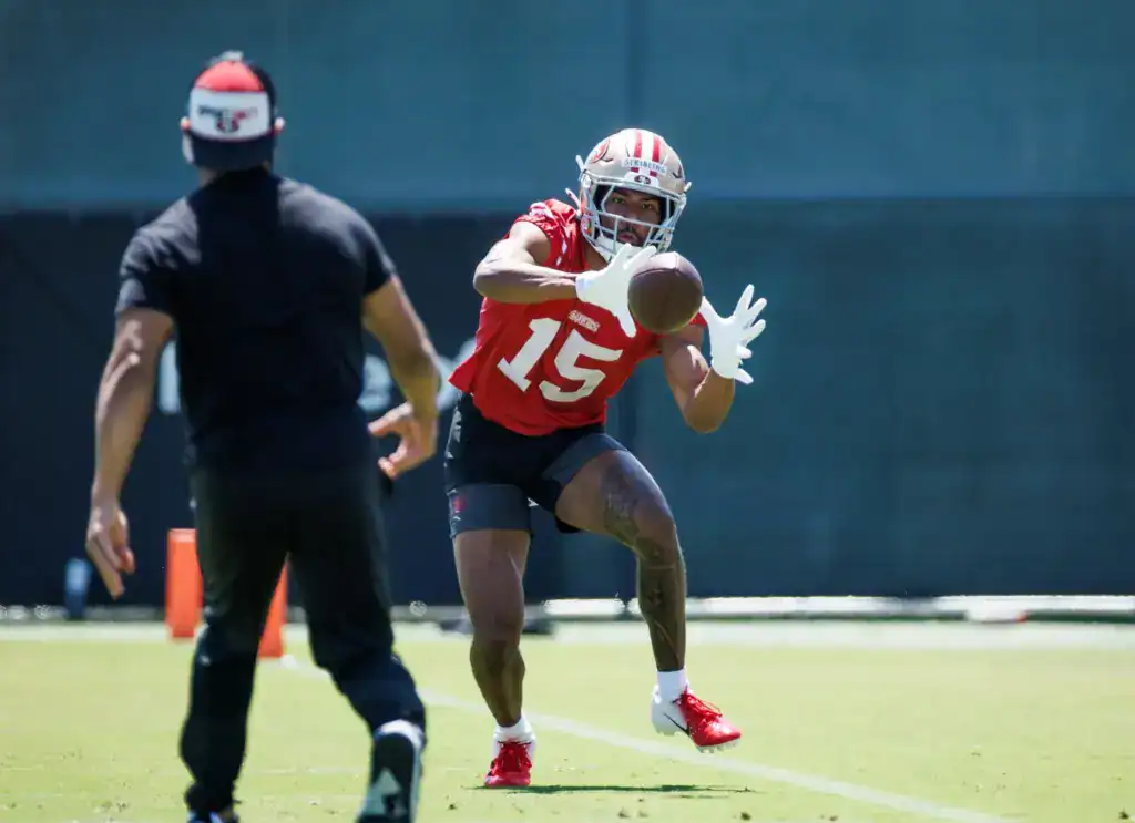 2026 NFL Awards: Picks & Dark Horses San Francisco 49ers rookie De'Zhaun Stribling makes a catch during practice as a 2026 NFL Offensive Rookie of the Year candidate.