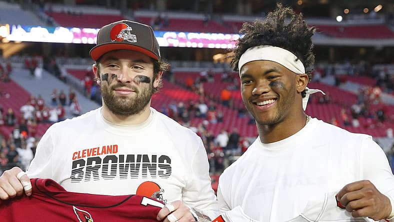 Baker Mayfield (left) and Kyler Murray, former Oklahoma teammates, exchange jerseys after a Browns-Cardinals game.