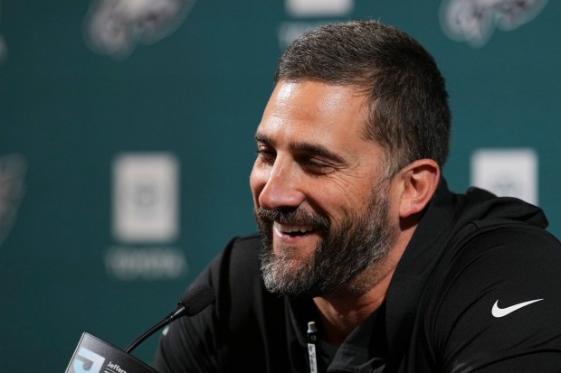 Head coach Nick Sirianni of the Philadelphia Eagles talks with the media during OTA offseason workouts at Jefferson Health Training Complex on May 27, 2026, in Philadelphia. (Mitchell Leff/Getty Images)