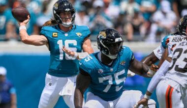 Jacksonville Jaguars quarterback Trevor Lawrence (16) passes in the first half of an NFL football game against the Cleveland Browns, Sunday, Sept. 13, 2026, in Jacksonville. (AP Photo/Phelan M. Ebenhack)