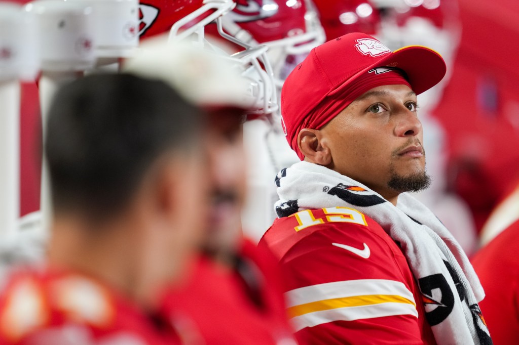 Aug 28, 2026; Kansas City, Missouri, USA; Kansas City Chiefs quarterback Patrick Mahomes (15) reacts during the second half against the Seattle Seahawks at Arrowhead Stadium. Mandatory Credit: Jay Biggerstaff-Imagn Images