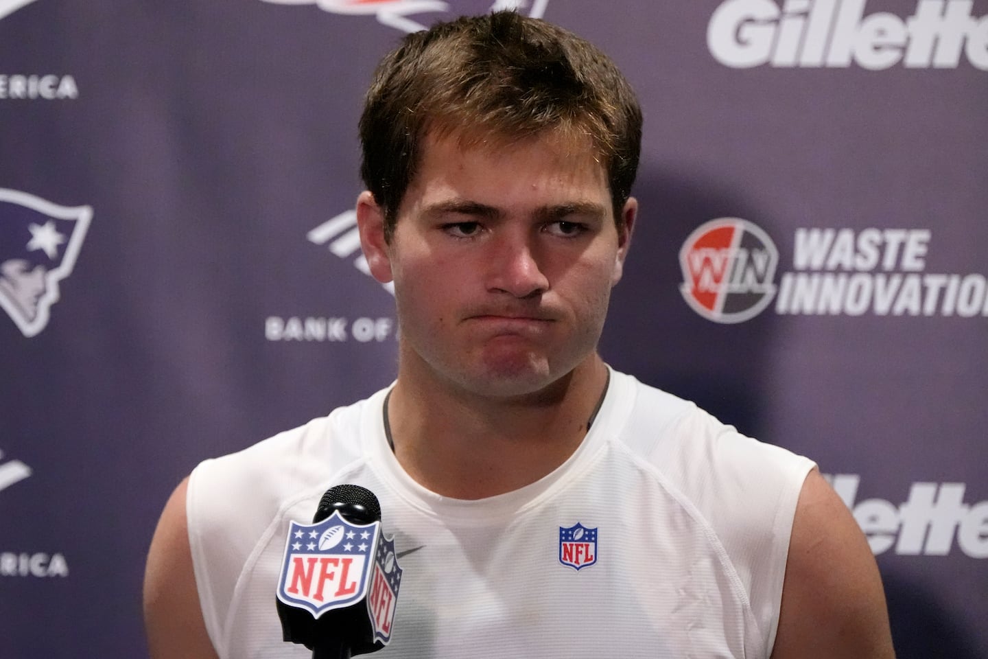 Quarterback Drake Maye spoke in a press conference after the New England Patriots lost 35-6 to the Jacksonville Jaguars in Jacksonville, Fla., on Sept. 27.