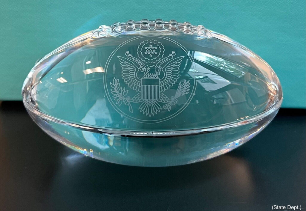 Decorative crystal football with State Department seal (State Dept.)