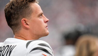 Cincinnati Bengals quarterback Joe Burrow (9) watches from the sideline between drives in the fourth quarter of the NFL Week 2