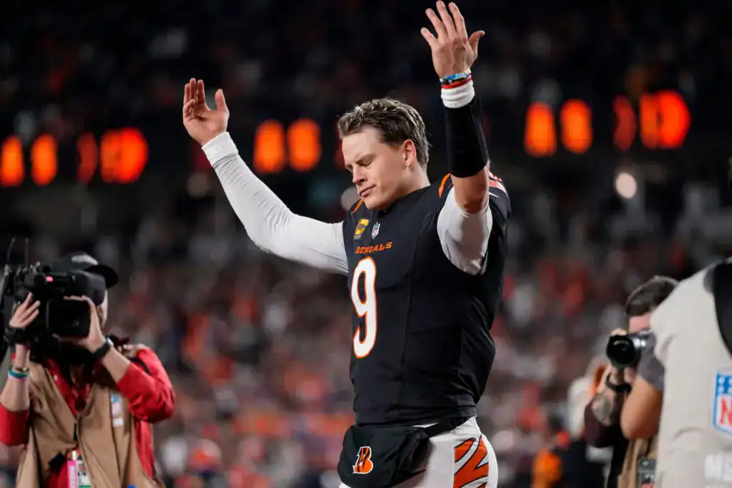 2026 NFL Awards: Picks & Dark Horses Cincinnati Bengals quarterback Joe Burrow reacts on the field as a leading candidate in the 2026 NFL Awards predictions.