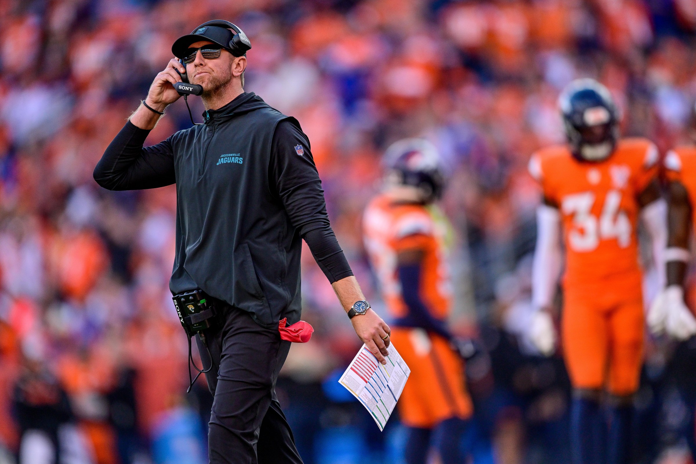 DENVER, CO - DECEMBER 21: Jacksonville Jaguars head coach Liam Coen looks on during a game between the Jacksonville Jaguars and the Denver Broncos at Empower Field at Mile High on December 21, 2025 in Denver, Colorado. (Photo by Dustin Bradford/Icon Sportswire via Getty Images)