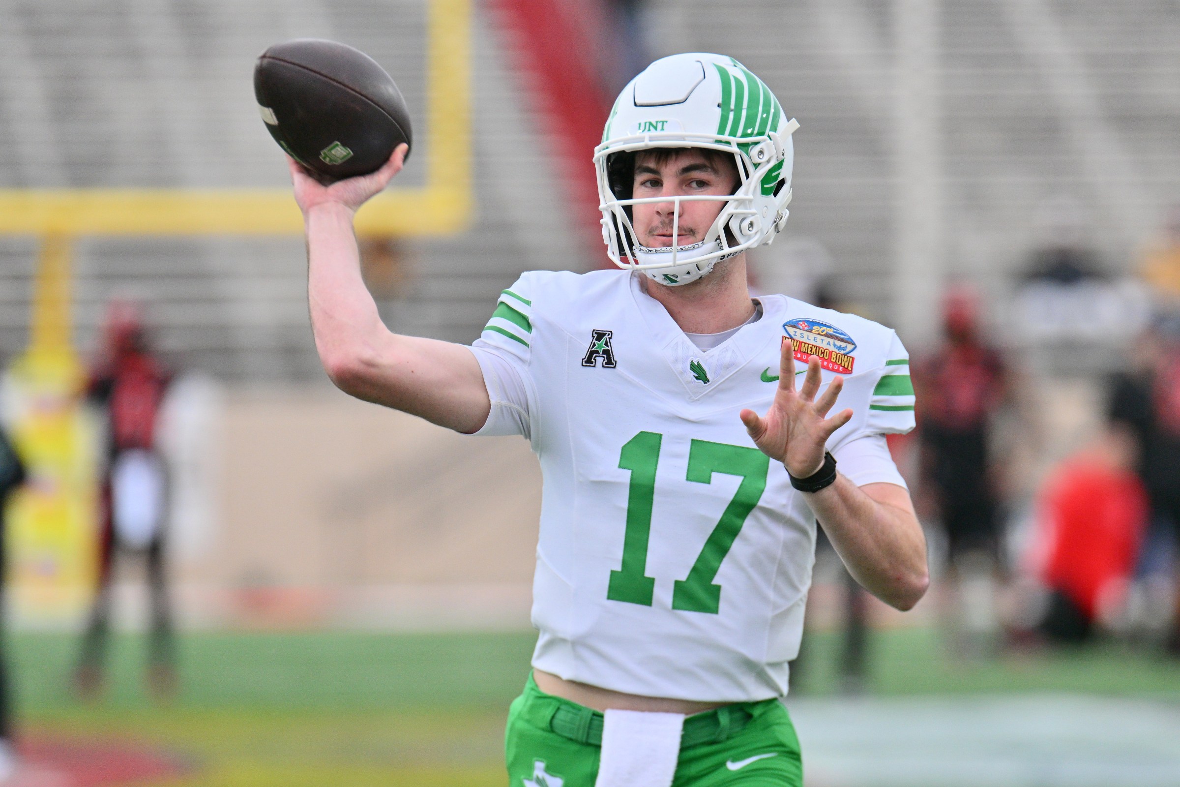 ALBUQUERQUE, NEW MEXICO - DECEMBER 27: Quarterback Drew Mestemaker #17 of the North Texas Mean Green warms up before the Isleta New Mexico Bowl game against the San Diego State Aztecs at University Stadium on December 27, 2025 in Albuquerque, New Mexico. The Mean Green defeated the Aztecs 49-47. (Photo by Sam Wasson/Getty Images)