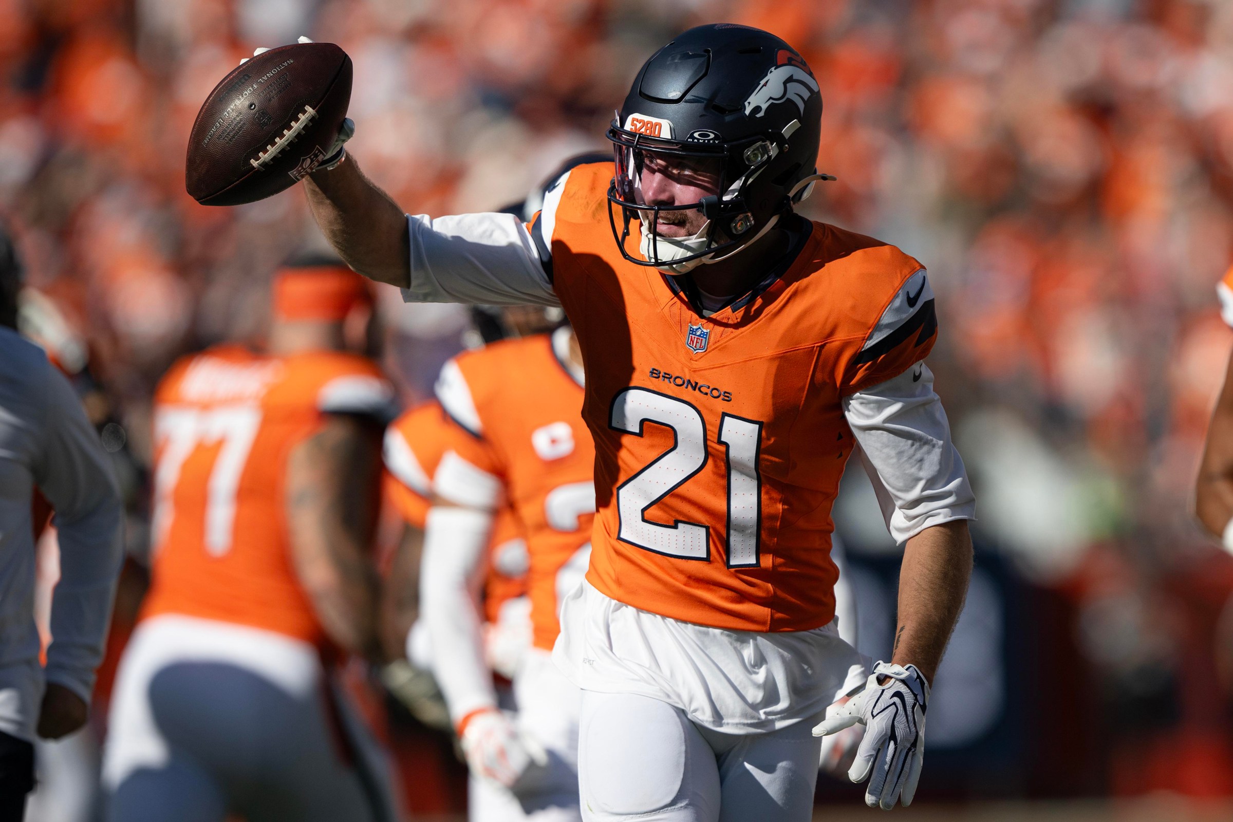 DENVER, CO - SEPTEMBER 20: Cornerback Riley Moss (21) of the Denver Broncos celebrates his interception of quarterback Trevor Lawrence (16) of the Jacksonville Jaguars during the second half a 20-13 win on Sunday, Sept. 20, 2026, at Empower Field at Mile High in Denver, Colo. (Photo by Timothy Hurst/MediaNews Group/The Denver Post via Getty Images)