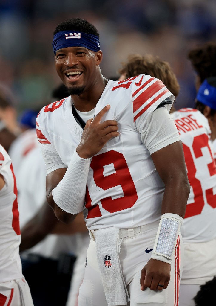 Jameis Winston #19 of the New York Giants reacts before the start of a preseason game.