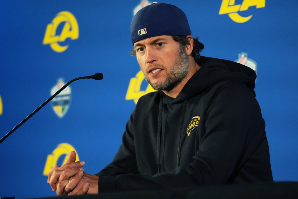 Los Angeles Rams quarterback Matthew Stafford speaks during a news conference after an NFL football game against the San Francisco 49ers 