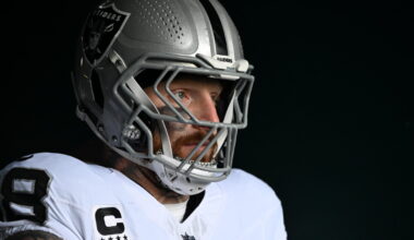 Las Vegas Raiders defensive end Maxx Crosby stands in the tunnel in his helmet before facing the Philadelphia Eagles.