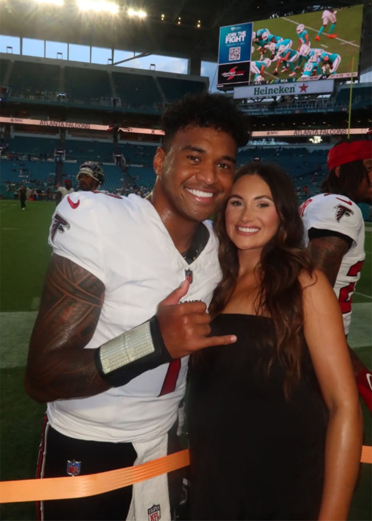 Atlanta Falcons quarterback Tua Tagovailoa and his wife 
Annah Tagovailoa on the sideline at a preseason game against the Miami Dolphins at Hard Rock Stadium in Miami Gardens on August 28, 2026. 