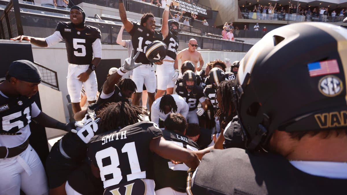 Vanderbilt Commodores react after a last-second comeback win against NC State at FirstBank Stadium.