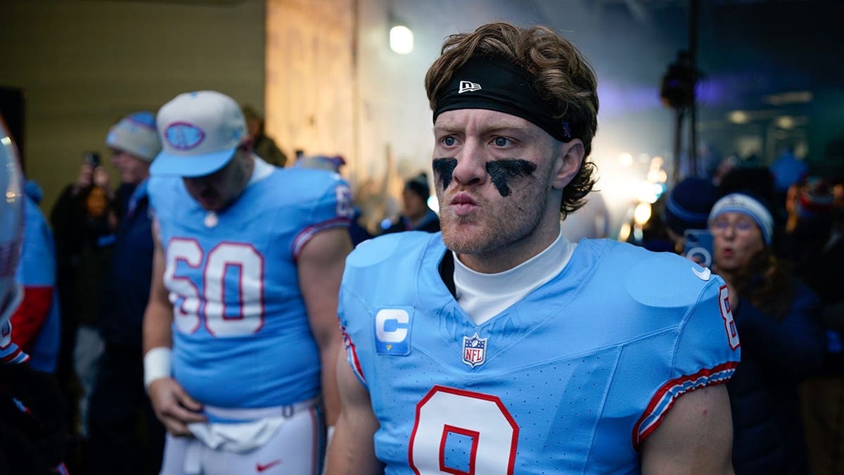 Tennessee Titans quarterback Will Levis standing on the field at Nissan Stadium
