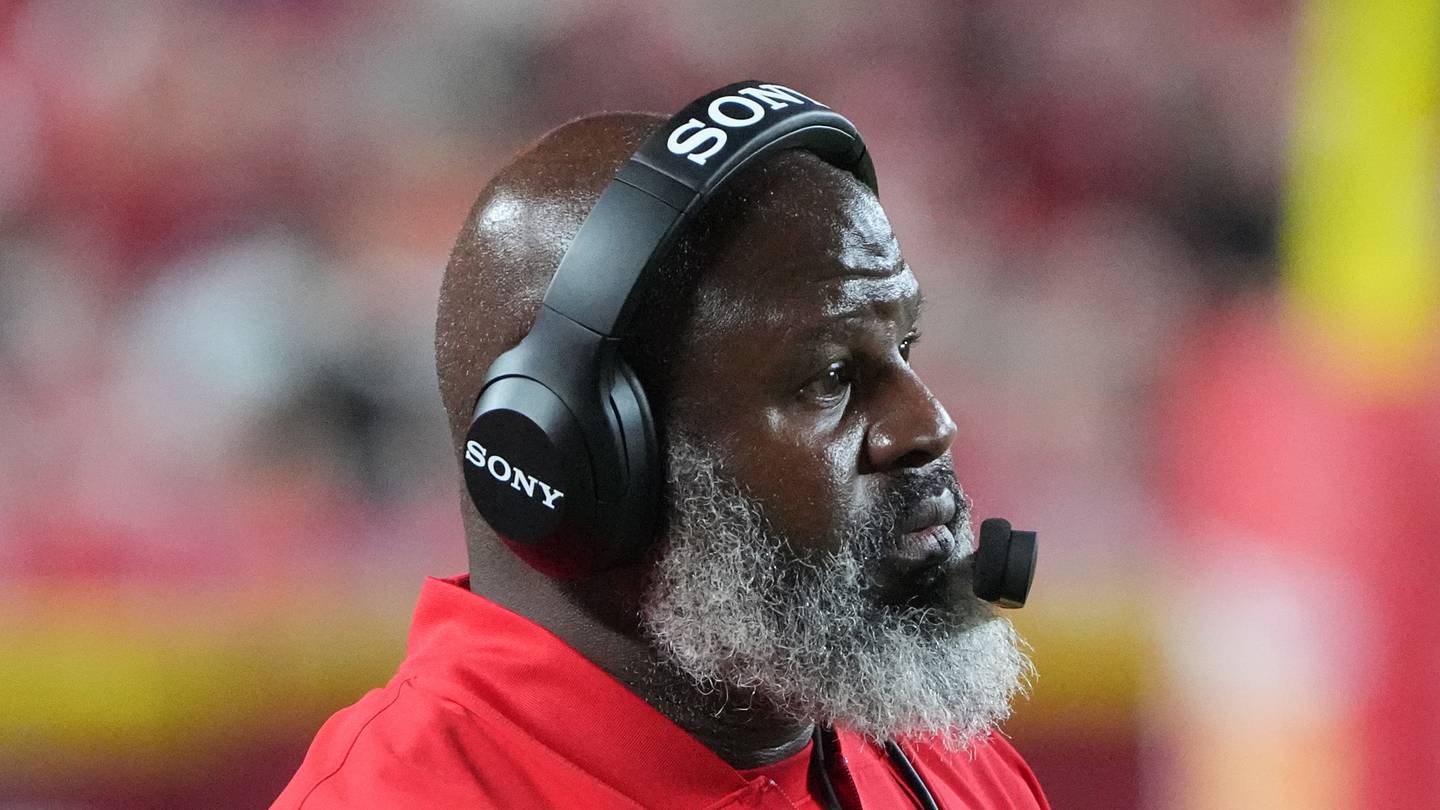 Aug 28, 2026; Kansas City, Missouri, USA; Kansas City Chiefs offensive coordinator Eric Bieniemy on the sidelines against the Seattle Seahawks during the game at Arrowhead Stadium. Mandatory Credit: Denny Medley-Imagn Images