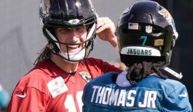 Jacksonville Jaguars Quarterback Trevor Lawrence (16) talks with Jacksonville Jaguars Wide Receiver Brian Thomas Jr. (7) after the Jacksonville Jaguars seventh day of NFL Training Camp at the Miller Electric Center in Jacksonville, Fla., Thursday August 6, 2026.