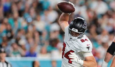 Aug 28, 2026; Miami Gardens, Florida, USA; Atlanta Falcons tight end Jack Velling (84) spikes the football after scoring a touchdown against the Miami Dolphins during the second quarter at Hard Rock Stadium. Mandatory Credit: Sam Navarro-Imagn Images