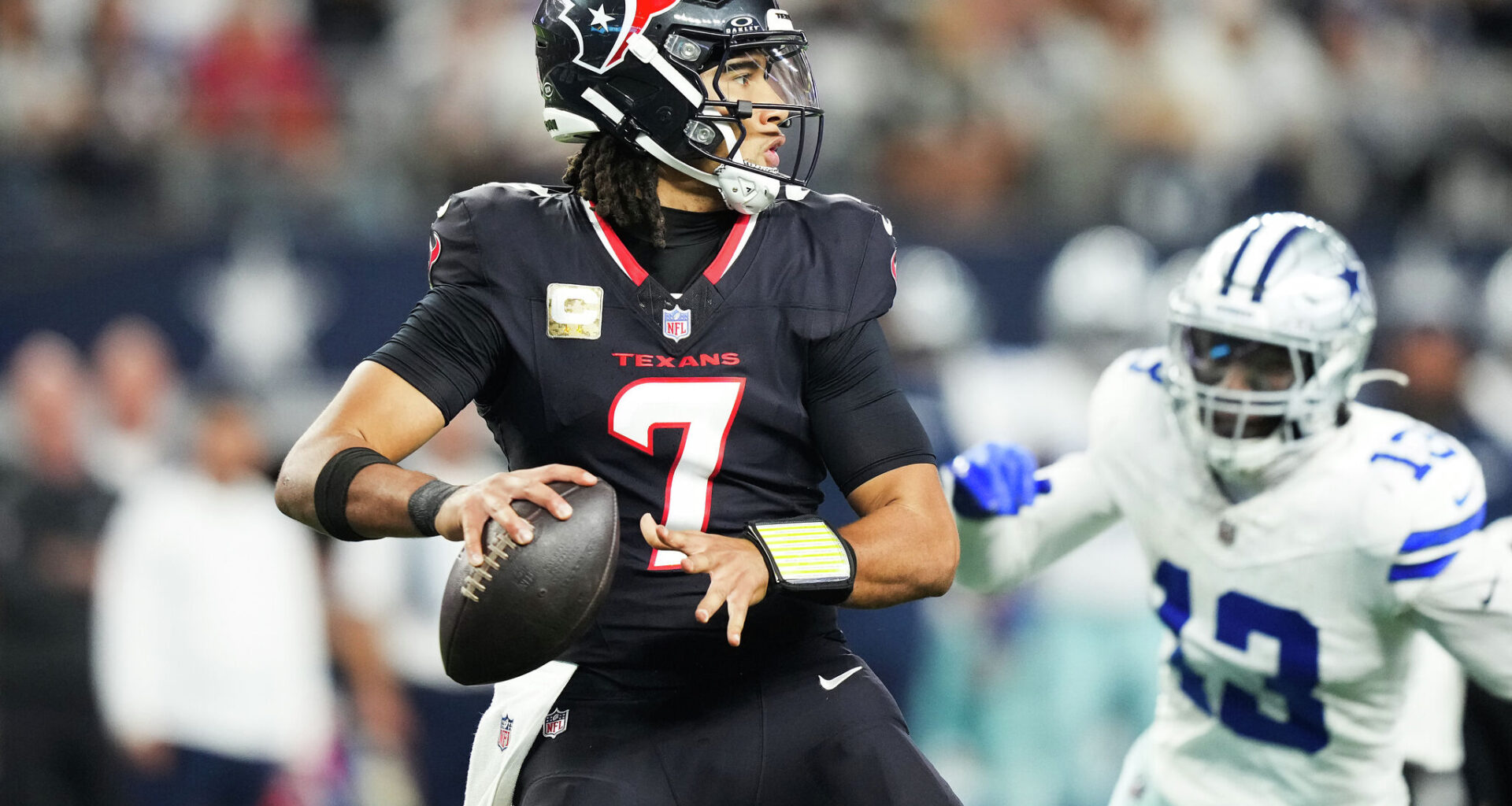 Dallas Cowboys place kicker Brandon Aubrey (17) misses a field goal during the first half of an NFL football game against the Houston Texans at AT&T Stadium on Monday, Nov. 18, 2024, in Arlington.