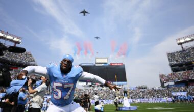 Sep 20, 2026; Nashville, Tennessee, USA; Tennessee Titans defensive end Jacob Martin (57) before the game against the Philadelphia Eagles at Nissan Stadium.