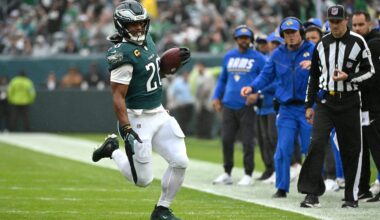Oct 4, 2026; Philadelphia, Pennsylvania, USA; Philadelphia Eagles running back Saquon Barkley (26) runs the ball against the Los Angeles Rams during the first quarter at Lincoln Financial Field.