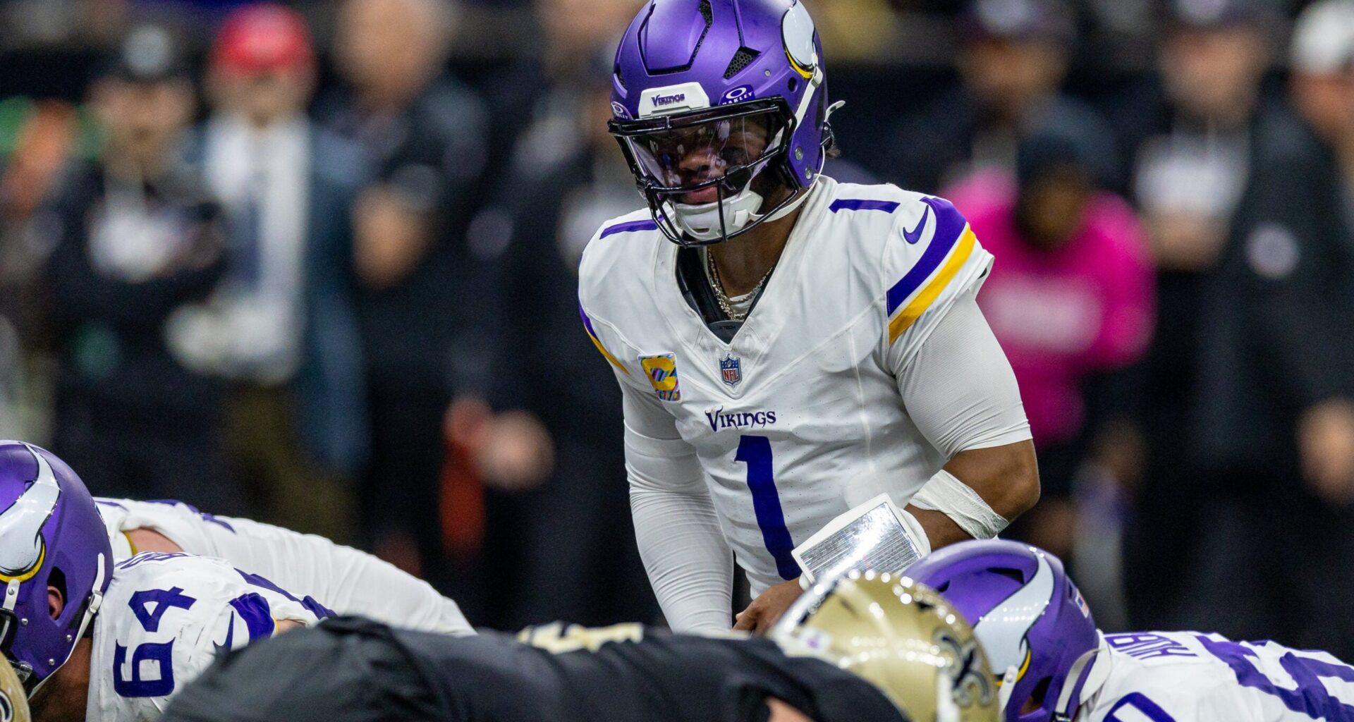 Oct 11, 2026; New Orleans, Louisiana, USA; Minnesota Vikings quarterback Kyler Murray (1) calls a play at the line of scrimmage against New Orleans Saints during the first half at Caesars Superdome.