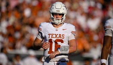Oct 10, 2026; Dallas, Texas, USA; Texas Longhorns quarterback Arch Manning (16) runs back on the field during the game between the Sooners and the Longhorns at Cotton Bowl.