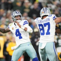 Oct 18, 2026; Green Bay, Wisconsin, USA; Dallas Cowboys quarterback Dak Prescott (4) passes against the Green Bay Packers during the second half at Lambeau Field.