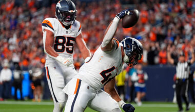 Denver Broncos running back Adam Prentice (46) celebrates after scoring a touchdown during the first half of a preseason NFL football game against the Minnesota Vikings, Friday, Aug. 28, 2026, in Denver. (AP Photo/David Zalubowski)