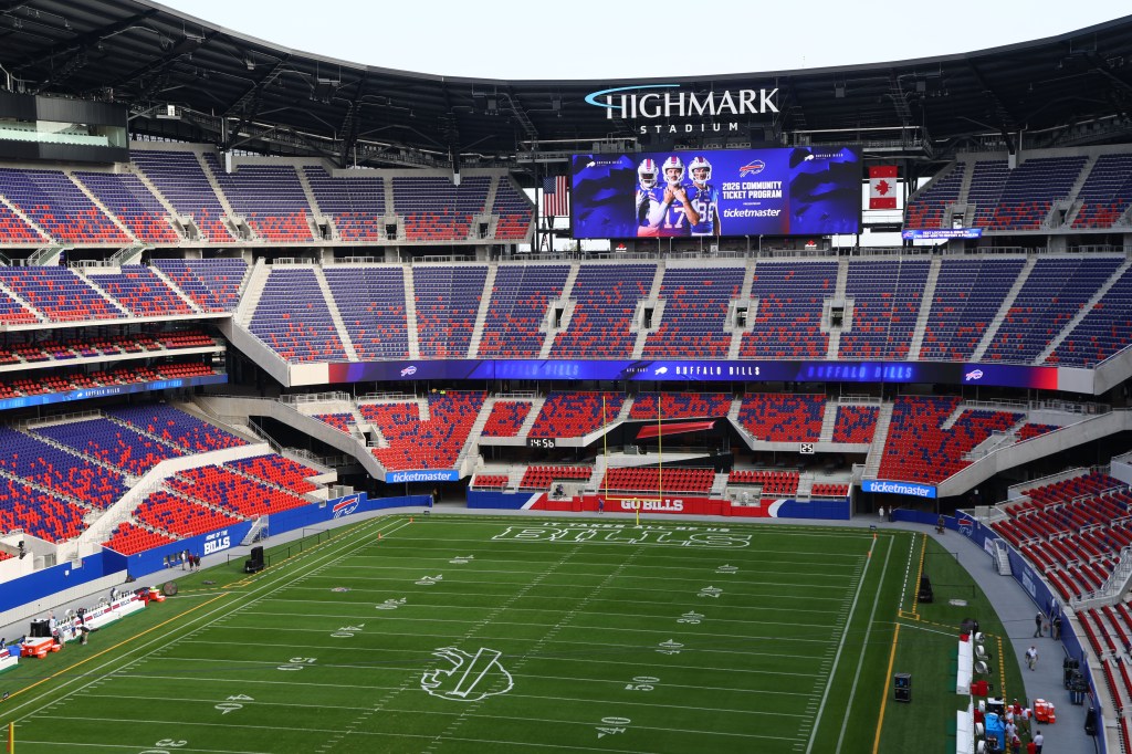 Wide-angle view of Highmark Stadium, home of the Buffalo Bills, showing the empty stands and the field.
