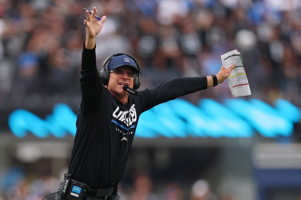 Head coach Jim Harbaugh of the Los Angeles Chargers calls for a timeout during the fourth quarter of the game against the Las Vegas Raiders at SoFi Stadium on September 20, 2026 in Inglewood, California. (Photo by Luke Hales/Getty Images)