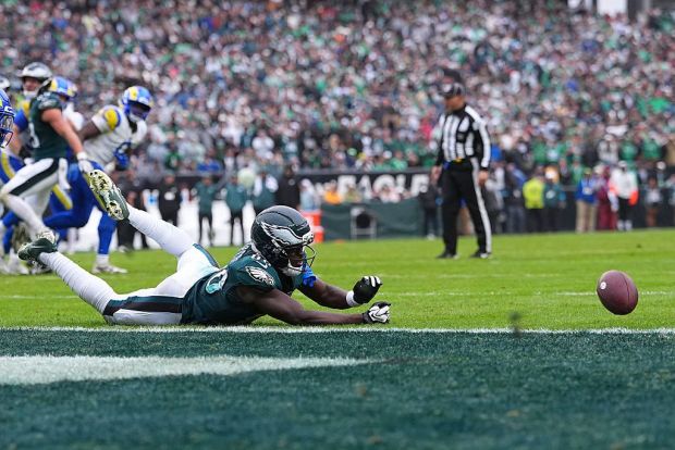 Philadelphia Eagles wide receiver Darius Cooper (80) cannot make the catch on a fourth-down pass in the fourth quarter against the Los Angeles Rams on Sunday, Oct. 4, 2026, in Philadelphia. (Mitchell Leff/Getty Images)