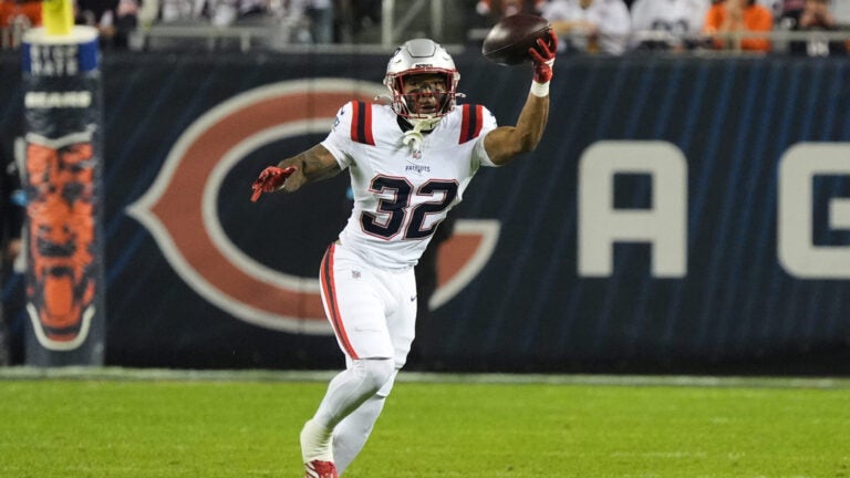 New England Patriots running back Treveyon Henderson (32) catches a pass during the first half of an NFL football game against the New England Patriots in Chicago, Thursday, Oct. 22, 2026.