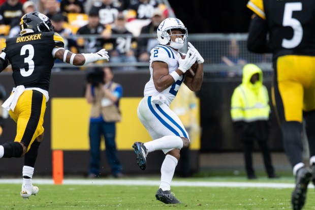 Indianapolis Colts wide receiver Josh Downs (2) catches a pass during an NFL football game in Pittsburgh, Sunday, Oct. 11, 2026. (AP Photo/Matt Durisko)