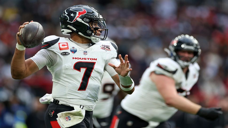 Houston Texans quarterback C.J. Stroud (7) makes a pass during an NFL football game against Jacksonville Jaguars in London, Sunday, Oct. 18, 2026. (AP Photo/Ian Walton)