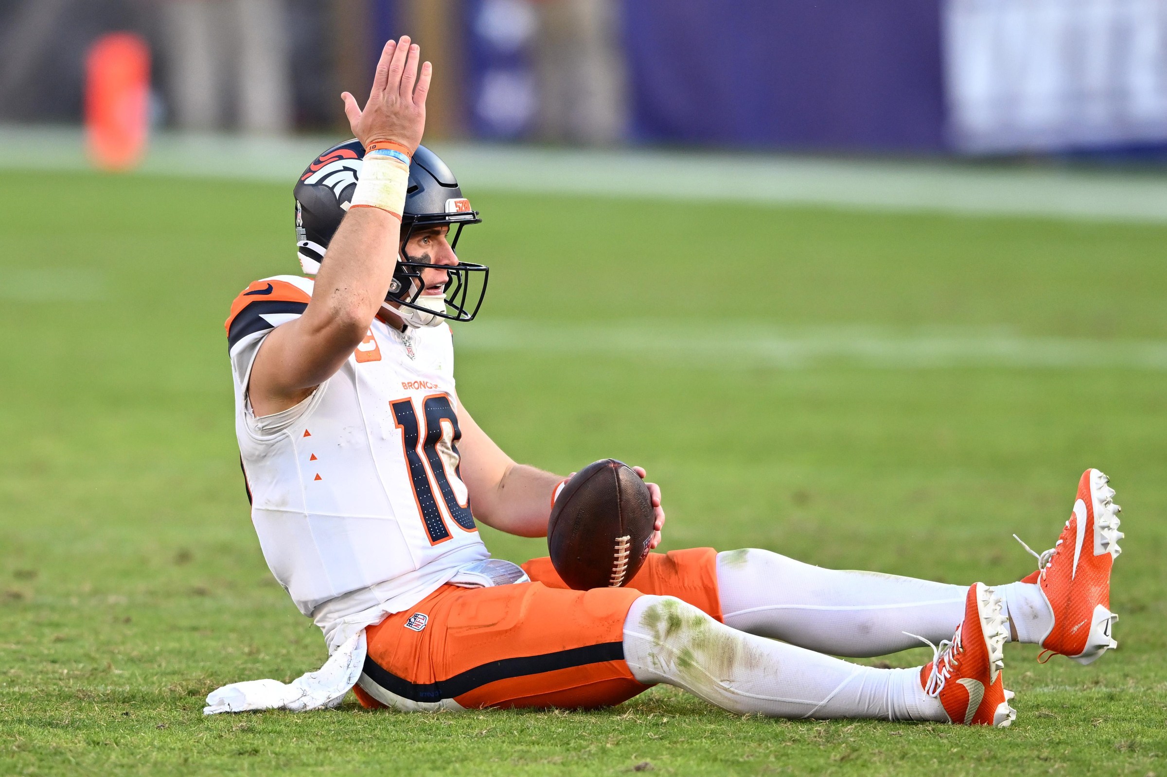 BALTIMORE, MARYLAND - NOVEMBER 03: Bo Nix #10 of the Denver Broncos reacts after being sacked in the third quarter of a game against the Baltimore Ravens at M&T Bank Stadium on November 03, 2024 in Baltimore, Maryland. (Photo by Greg Fiume/Getty Images)