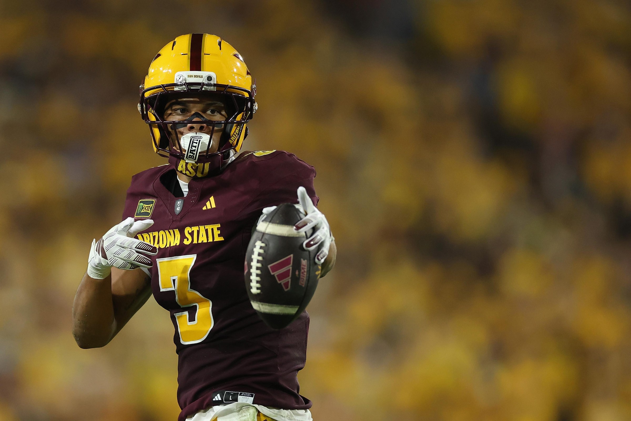 TEMPE, ARIZONA - SEPTEMBER 05: Reed Harris #3 of the Arizona State Sun Devils reacts to a first-down reception against the Morgan State Bears during the first half of the NCAAF game at Mountain America Stadium on September 05, 2026 in Tempe, Arizona. (Photo by Christian Petersen/Getty Images)