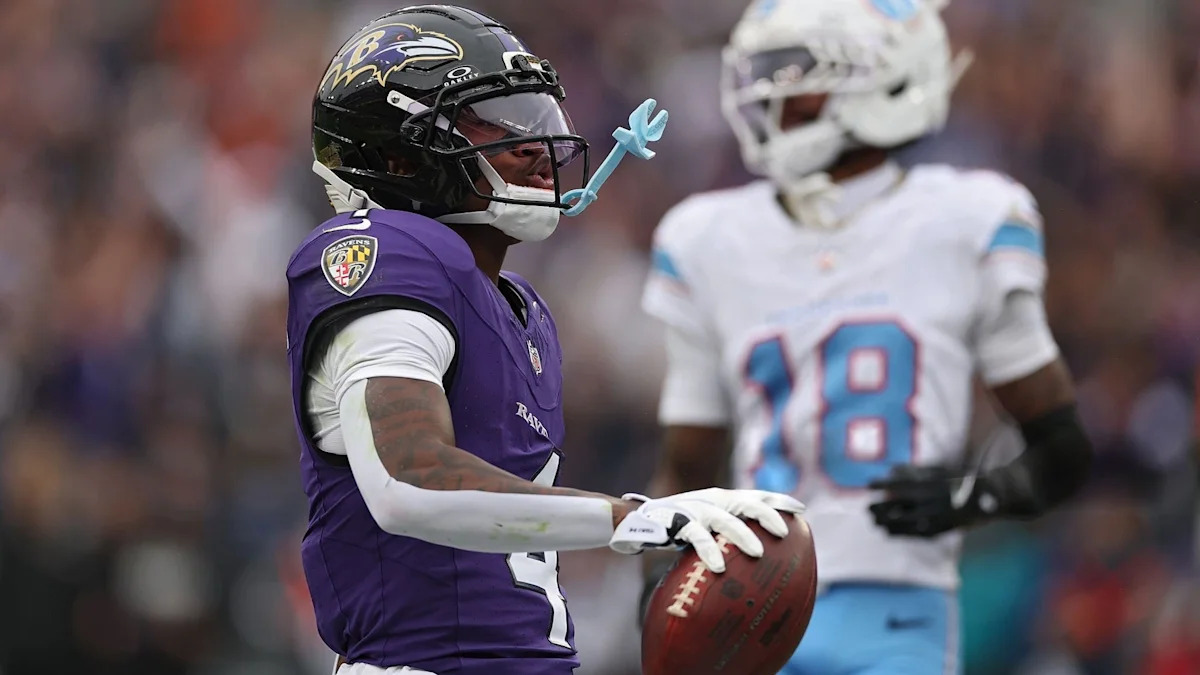 BALTIMORE, MARYLAND - OCTOBER 04: Zay Flowers #4 of the Baltimore Ravens celebrates as he rushes for a touchdown following a reception against the Tennessee Titans during the second quarter at M&T Bank Stadium on October 04, 2026 in Baltimore, Maryland. (Photo by Patrick Smith/Getty Images)