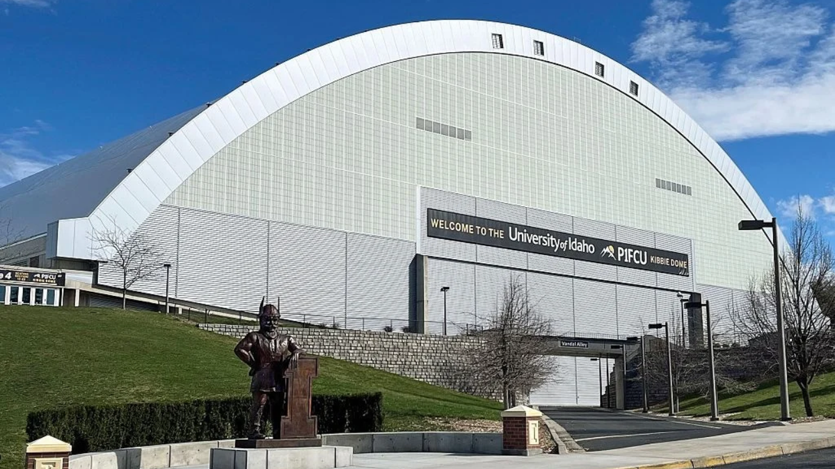 Joe Vandal mascot statue stands in front of the University of Idaho P1FCU Kibbie Dome.