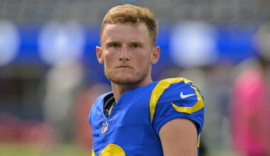 Rams K Blake Grupe left SoFi Stadium with crutches and a brace on his leg
