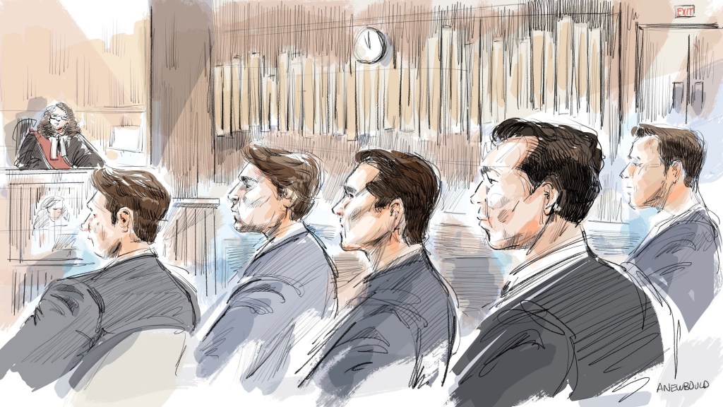 A courtroom sketch of the five Canadian hockey players accused of sexual assault.