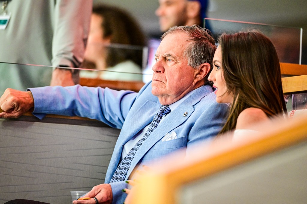  APRIL 22: Head coach Bill Belichick of the North Carolina Tar Heels attends Game Two of the First Round of the 2025 Stanley Cup Playoffs between the Carolina Hurricanes and the New Jersey Devils at Lenovo Center on April 22, 2025 in Raleigh, North Carolina.