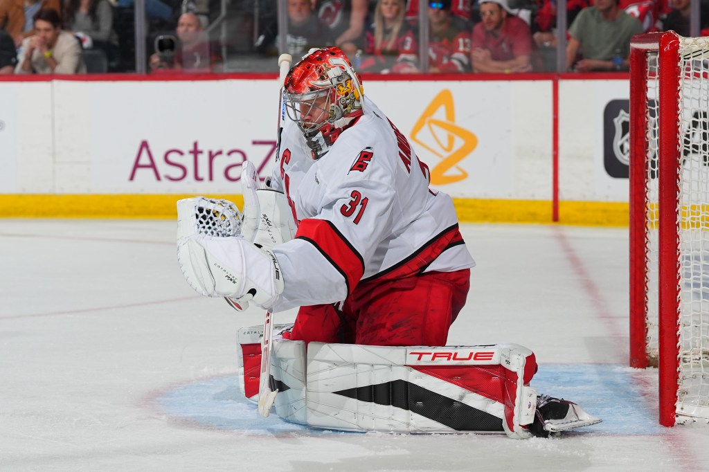 Frederik Andersen #31 of the Carolina Hurricanes defends his net during the third period of Game Three of the First Round of the 2025 Stanley Cup Playoffs against the New Jersey Devils at Prudential Center on April 25, 2025 in Newark, New Jersey. 