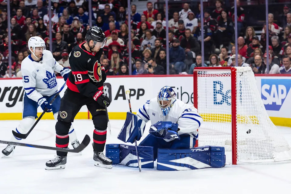 Apr 26, 2025: Drake batherson (19) follows the puck as it slips past Toronto Maple Leafs goalie Anthony Stolarz (41). Marc DesRosiers-Imagn Images